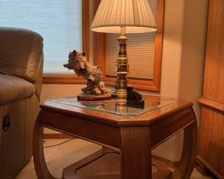 This Randy Reading "Devotion" signed and numbered sculpture is basking in the glow of a brass touch lamp, sitting on a wood end table with glass inlays, with the cutest little bunny rock thing you've probably ever seen.