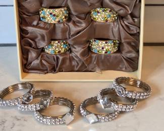 Lot #79 - L'OBJET New Napkin Rings w/ Swarovski Crystals & Jewels Gold Plated Jeweled, Plus Silver Tone Napkin Rings