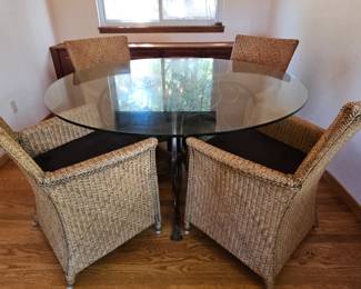 Lot #88 - Wrought Iron and Glass Dining Table With 4 Wicker Rattan Chairs