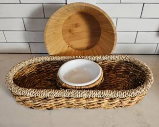 Lot #103 - Hallmark Appetizer Serving Set Thanksgiving Fall Autumn Basket with Bowl, Plus Bamboo Fruit Bowl