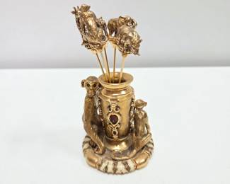 Lot #57 - Vintage St John Gold Plated, Enamel, Swarovski Crystals, Safari Cocktail Swizzle Sticks With Holder