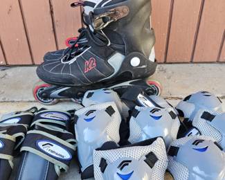 Lot #301 - K2 Escape Rollerblades Size 11, 4 Sets of Knee Pads and Two Sets of Wrist Guards.