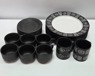 Lot #58 - Pottery Barn Bongo Dinner Plates and Mugs, Along with Complementing Black Stoneware Cups/Saucers