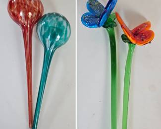 Lot #22 - Colorful Handcrafted Glass Self Watering Globes and Butterfly Stems