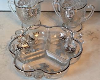 Lot #81 - New Martinsville Cream & Sugar Set, Plus Duncan Miller Glass Canterbury Silver Overlay Flanders 3-Part Relish Dish