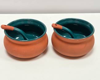 Lot #55 - Mexican Fiesta Redware Salsa Bowl W/spoon Keilen Ltd Green Glaze