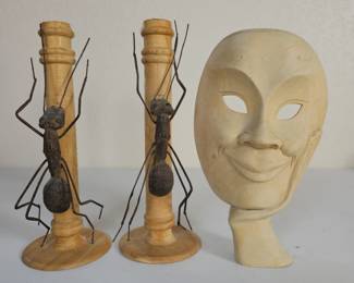 Lot #6 - Unique Wooden Candlesticks with Ant Figurines, Plus Wood Theater Mask.