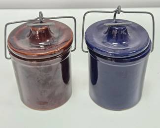 Lot #56 - Vintage Stoneware Crocks with Wire Bail Lids - Set of 2