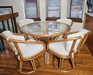 Lot #102 - Vintage Bamboo Dining Set - 1970s Glass Top Table with Chairs.