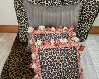 Lot #190 - Leopard Print Decorative Pillows and Throw Blanket with Textured Brown Accent Pillow