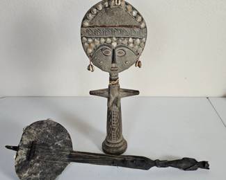 Lot #3 - Traditional Wooden Ghanaian Akuaba Fertility Sculpture & Kenyan Instrument