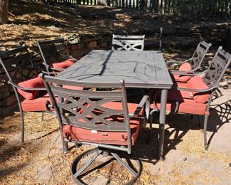 Lot #258 - Outdoor Patio Table, 2 Swivel Rocker Chairs, 4 Armchairs & Umbrella Stand Base