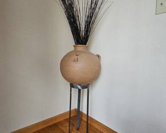 Lot #99 - Vintage Terracotta Amphora Vase With Metal Stand & Sticks