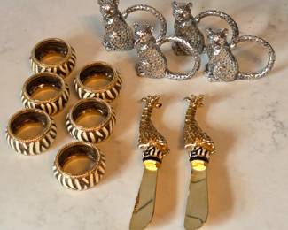 Lot #78 - Arthur Court Jaguar Napkin Rings, & St John Home Safari Napkin Rings and Cheese/Butter Knives