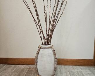 Lot #191 - Decorative Terracotta Vase With Branch and Wicker Caging and Dried Stems