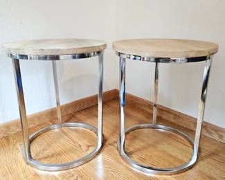 Lot #133 - Modern Side Tables - Pair of Round Wooden Top with Chrome Base.