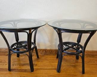 Lot #138 - Rattan Wicker Round Side Tables with Glass Tops