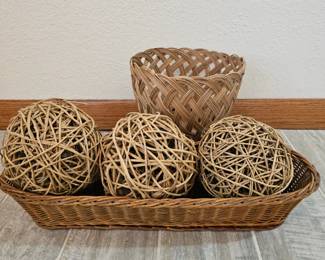 Lot #225 - Natural Wicker Decorative Balls with Woven Rectangular Rattan Basket & Small Reed Planter Basket