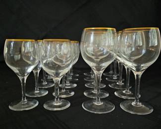 Lot #87 - Vintage Stemmed Crystal Wine Glasses Lot - Set of 20 with Gold Rim.