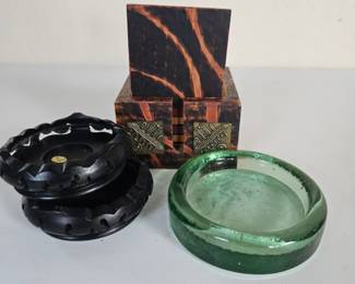 Lot #8 - South African Coasters, Chinese Display Stands & Blenko Style Green Art Glass Tray