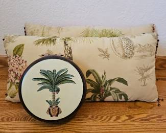 Lot #143 - Double Sided Tropical Print Lumbar Pillows With Wooden Palm Tree Decorative Box