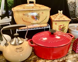 Chantal Classic Enamel on Steel Tea Kettle, Cuisinart Enameled Cast Iron Oval Covered Casserole, Bamboo Rooster Bread Box & Canister 