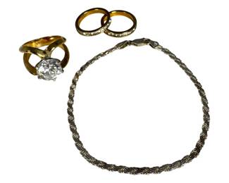 Sterling Silver Flat Rope Bracelet and Costume Rings