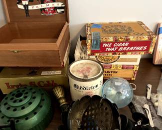 cigar boxes and vintage floral frogs