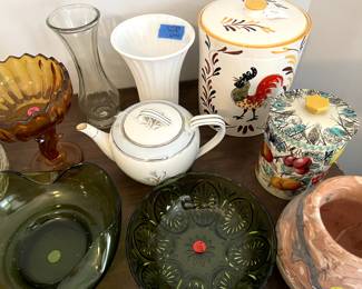 vintage glass bowls, vases, two metal cookie jars