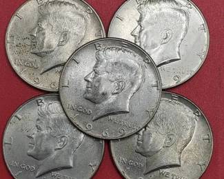 5 1969-D Kennedy Half Dollars, 40% Silver
