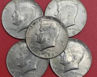 5 1969-D Kennedy Half Dollars, 40% Silver
