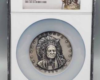 2023 Silver $5 Onc Papa--Ultra High Relief, 1st Day of Issue, MS70, Antiqued in Wooden Display, 5 ozt .999 Silver