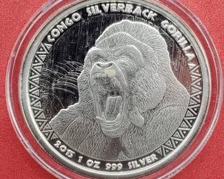 2015 Republic of the Congo 5000 Francs Gorilla, 1 toz .999 Silver in Airtite
