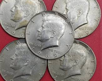5 1969-D Kennedy Half Dollars, 40% Silver
