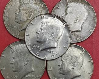 5 1969-D Kennedy Half Dollars, 40% Silver
