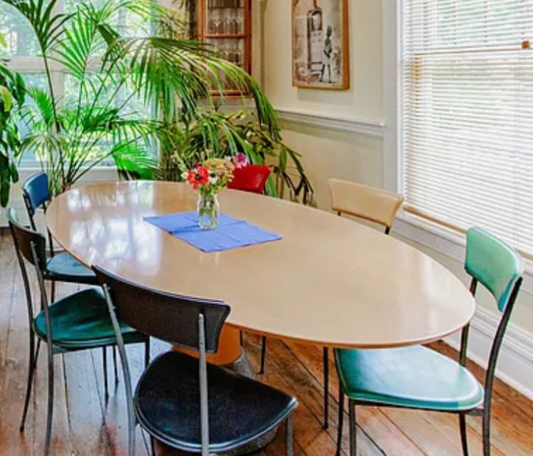 Arco Ellipse balance table 73L x 45” w beech top anthracite base. 6 Arper Fusto chairs each different color set $1,500