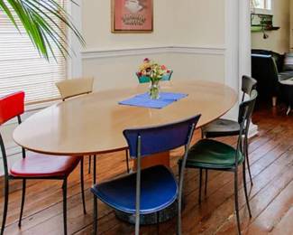 Arco Ellipse balance table 73L x 45” w beech top anthracite base. 6 Arper Fusto chairs each different color set $1,500