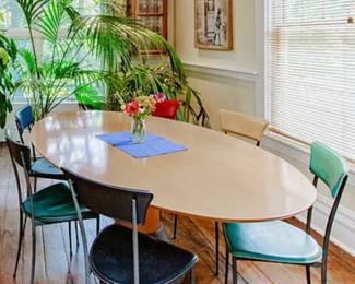 Arco Ellipse balance table 73L x 45” w beech top anthracite base. 6 Arper Fusto chairs each different color set $1,500