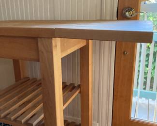 butcher block kitchen cart with drop leaf side and two shelves 20” x 24/36” x 36”h $185