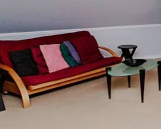 Futon sofa queen mattress 42” x 39” x 59”. $250 glass coffee table $65