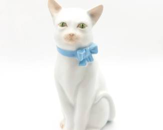 Vintage Herend Hungary Figurine, White Cat w/ Blue Bow