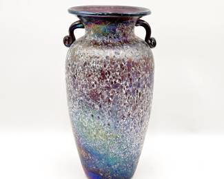 Loetz Style Iridescent Glass Vase with Applied Handles