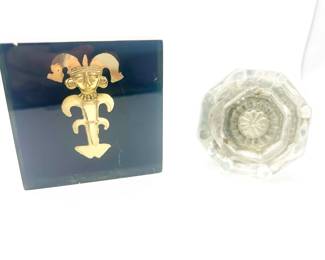 Reproduction Prehispanic Gold Figure Paperweight & Vintage Glass Door Knob