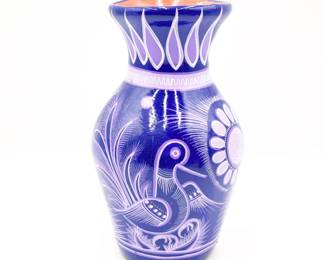 Talavera Pottery Cobalt Blue Vase w/ Bird & Floral Design
