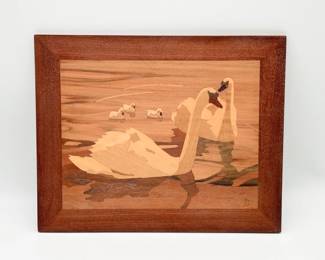 Handcrafted Wood Marquetry Art Swans on Water