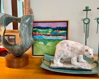 MCM Marble Sculpture by Elliott B, Hand thrown Polor Bear Pottery figure, Original oil on canvas, Copper Candlesticks
