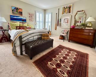 NEW - LaDiff king bed with mattress and box, antique chest of drawers