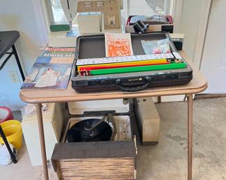 Singer sewing machine, vintage mahjong set, NIB vintage polaroid camera, viewmaster, vintage portable record player/speaker