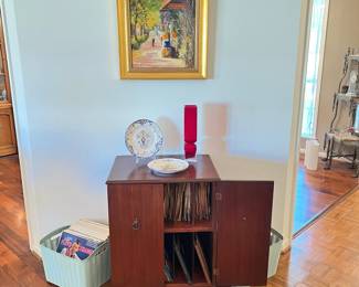 painting by Ruth Valerio, antique record cabinet, lps, 45 and 78 records.