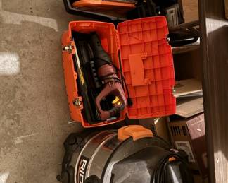 Two saws-alls, Ridge ShopVac, 14" chainsaw